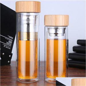 Su şişeleri 350ml/450ml bambu kapak çift duvarlı cam çay bardağı. Süzgeç ve Infuser Sepet Toptan LX0121 DROP DEL DHGFN içerir