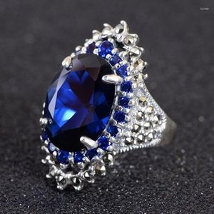 Küme halkaları sterling gümüş yüzük şans mavi chalcedony çiçek bandı 32x18mm kadınlar için hediye