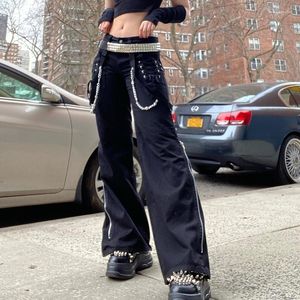 Kadın pantolonları Dantel Up Kargo Goth Siyah Düşük Belli Pantolon Vintage Punk Şık Eşofman Altı Kadın Geniş Bacaklar Kore