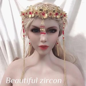 Kolye küpeleri set Çin tarzı retro altın kırmızı kristal gelin takı düğün taç başlık saç tokası küpe kadın aksaklık