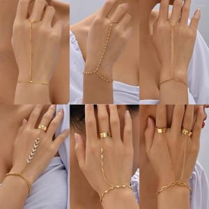 Bağlantı bilezikleri yaratıcı bakır altın kaplama boncuk zinciri bağlı parmak halkası bileklik kadınlar için bağlantılı el kablo demeti moda mücevher hediyesi