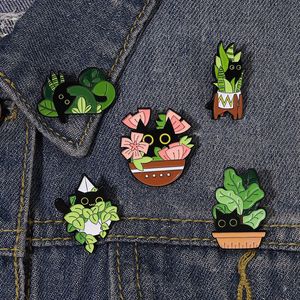 Cats in Plants Enamel Pins Custom Black Cat Potted Plant Brooches Lapel Badges Fun Animal Plant Jewelry Gift for Kids Friends 10colors