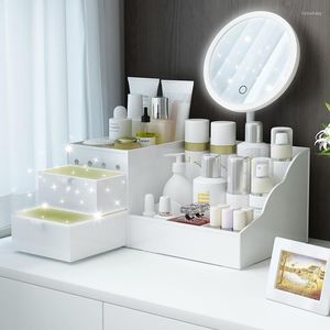 Depolama Kutuları LED Ayna Makyaj Organizatörü Banyo Büyük Kapasiteli Çekmece Kutusu Cilt Bakım Masası Kız Kozmetik Güzellik Kılıfı