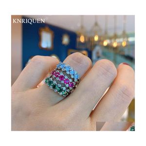 Küme Yüzükleri 2021 Trend 925 Sterling Sier Tur 3.5mm Aquamarine Ruby Emerald Kadınlar için Kokteyl Partisi Yüzük Güzel Takı Dro Dhdpp