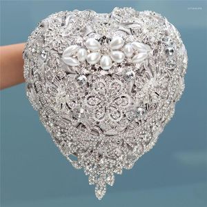 Düğün Çiçekleri 18cm Gümüş Lüks Rhinestone Tam Elmas Gelin Buketleri Kalp Şeklinde Buket Yapay Çiçek W520