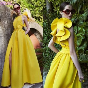 2023 Yellow Satin A-Line Prom Dress | Long Ruffle Applique Backless Evening Gown with Sash