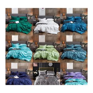 Yatak Setleri Düz renkli taklit İpek Sayfası Yorgan Yastık Kılıfı 4pcs Set Yumuşak Ev Malzemeleri 714 V2 Damla Teslimat Bahçe Tekstilleri Otcer
