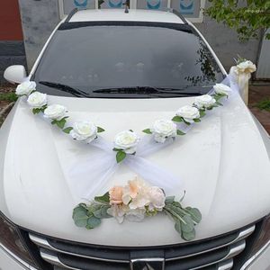 Dekoratif çiçekler beyaz diy düğün otomobil yapay çiçek gelin dekorasyon kapı kolu şeritler ipek köşe galand ile tül hediyeler seti