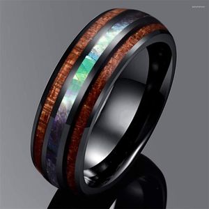 Alyans Moda 8mm Abalone Kabuk Paslanmaz Çelik Kakma Hawaiian Koa Ahşap Band Ring Erkekler Partisi Takı