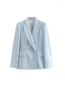 Women's Suits XEASY 2023 Women Fall Fashion Textured Blazer Vintage Long Sleeve Double Breasted Flap Pockets Female Chic Jacket