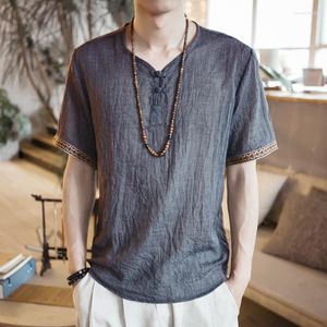 Erkekler Tişörtleri Şık Erkek Keten Kısa Kollu Toka V Boyun Daire Çin tarzı Tişört Gevşek Üstler Adam Camisas Erkekler Giyim