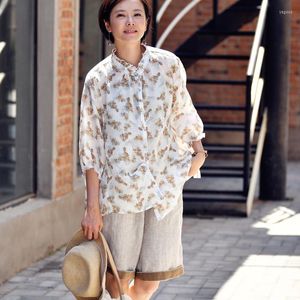 Kadınlar bluzları Micoco C6009C Art Retro Taze Kırık Çiçek Işık Nefes Alabaç Beş Dakikalık Kollu Yırtma Gömlek