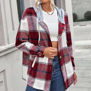 Kadın Tişörtleri Kadınlar Sonbahar Kış Uzun Kollu Düğme Aşağı Ekose Pazen Kapşonlu Büyük Boyutlu Gevşek Kapüşonlu Paltolar Dış Giyim