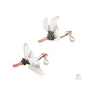 Pinos broches de estilo chinês guindaste branca pássaro esmalte saco de camisa de camisa de lapela badge badge jóias vintage entrega de gotas de gotas otzpq