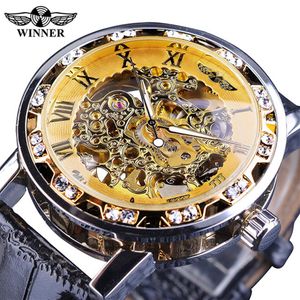 Победитель Black Golden Retro Luminous Hands Fashion Diamond Display Mens Механические скелетные скелетные часы для запястья лучшие бренд роскошные часы wat2607