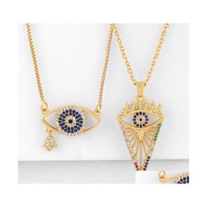 Anhänger-Halsketten, 18 Karat vergoldetes Kupfer, geometrische türkische Halskette mit bösem Blick, eingelegter Zirkon, blaue Augen, Drop-Lieferung, Schmuckanhänger Dhzdh