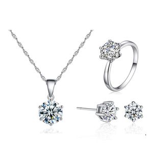 Other Jewelry Sets Luxury 8Mm Cubic Zirconia Set Sier Plated Cz Diamond Pendant Necklace Stud Earrings Rings For Women Fashion Drop D Ot5Sn