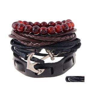 Charm Armbänder Retro Mtilayer Leder für Mann Holzperlen Armband Handgemachte Anker Wrap Schmuck Drop Lieferung Otqgb