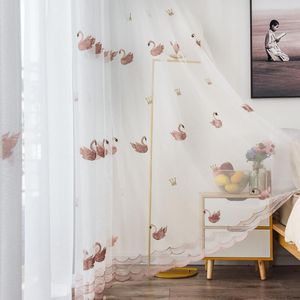 Perde Pembe/ Beyaz İşlemeli Kuğu Tül Tül Perde Çocuklar İçin Prenses Oturma Odası Yatak Odası Yatak Odası İplik Kumaş Pencere Ekranları Mutfak