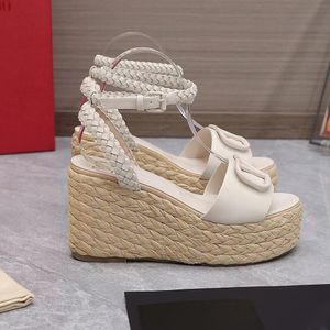 Plattform Keil Sandalen echte Leder -Knöchelgurt Dekorative Schnalle Lafite Grass Webe Heels