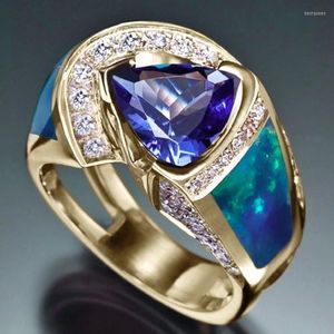 Alyans Varış Mavi Ateş Opal Yüzük Drak Stone Kadın Nişan Altın Kristal Lüks Takı Hediyeleri Aksesuarlar