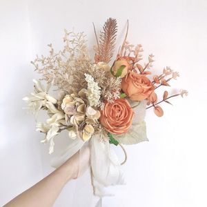 Flores de casamento Sesthfar Vintage Bouquet Orange Eucalyptus peony FAUX Fall Artificial Bridal