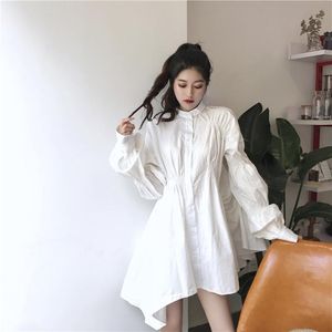 Sıradan Elbiseler Kore Moda Marka Kadın Giyim Beyaz Vestidos Bahar Sonbahar Gevşek İnce Uzun Kollu Asimetrik Mini Dress