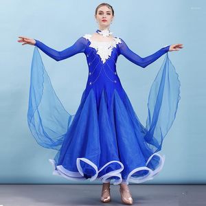 Sahne Giyim Mavi Kadınlar Modern Waltz Balo Salonu Yarışma Elbisesi Aplike Rhinestone Standart Kostümler Tango Etek
