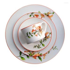 Placas Campsis Grandiflora China Bone Dinner Plate Set Coffet Copo Bifte Sopa Sopa Disco Camas de porcelana Tableware