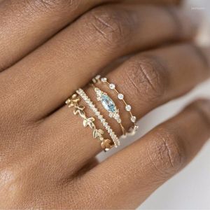 Anéis de casamento 4 PCs/conjunto Luxury Blue Clear Crystal Stone for Women Fashion Flor Ring Gold Color Party Jewelry Acessórios