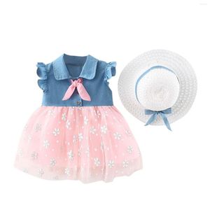 Kız elbiseler patchwork çiçek denim 6m-3y şapka tül elbise kızlar set prenses bebek bebek kollu ekose