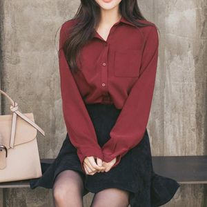 Bloups feminina estilo de mangas compridas de mangas compridas camisa de cor sólida mulher solta tamanho grande coreano feminino casual