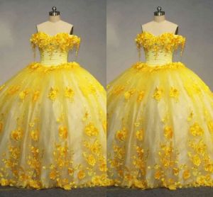 Quinceanera sarı elbiseler d çiçek dantel aplike el yapımı çiçekler fırfırlar boncuklu özel yapım tül tatlı prenses yarışma balo elbisesi vestidos