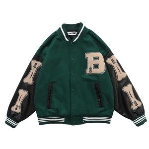 Jaquetas masculinas Vintage Bone Varsity Jaqueta Masculina Manga de Couro Pelúcia Letterman Feminino Bomber Casaco Hip Hop Grande Verde Roxo 230130