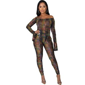 Kadınlar İki Parçalı Pantolon Lady Bodysuit Uzun Set Kadın Tulumlar Kıyafetler Seksi Romper Sleeve Slash Neck Sırp Oyuncaları Yılan Skin Printwomen