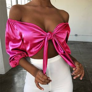 Женская футболка Женщины от плеча Satin Silk Blouses Bangage Рубашки с длинным рукавом с длинным рукавом