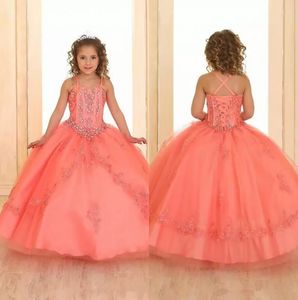 Coral Crystals Beaded Girls Pageant Dresses Sleeveless Lace Organza Flower Girl Dresses Corset Back Pageant Gowns For Teens BC2990