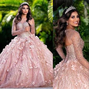 2023 Ball Gown Quinceanera Dresses Bridal Gowns Blush Pink Sparkly Sequined Crystal Beads Illusion Corset Back Long Sleeves Sweet 16 Dress With Hand Made Flowers