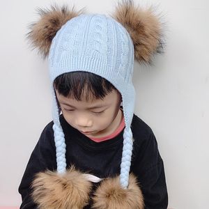 Berets Real Fur Pompom Hape с ушами ушные кепка зимняя шерстя