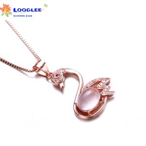 Hibiscus stone collarbone chain women's creative natural pink crystal swan pendant 925 plated rose gold necklace