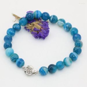 Серебряная модная серебряная цветочная застежка 8 мм ограбленные круглые бусины синие натуральные вены агат Карнельные браслеты Onyx для женщин 8-дюймовый B2713