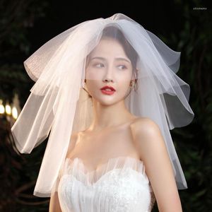 Gelin Peçe Kısa Tül Üç Katman Kesme Kenar Düğün Peçe Taramalı Ivory Evlilik Aksesuarları