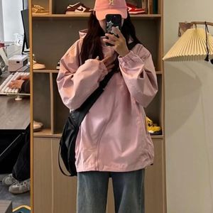 Kadın Ceketleri Houzhou Pembe Windbreakers Ceket Kadınlar Büyük Boyutlu Kore Moda Anorak Fermuarı Kapşonlu Grunge Y2K Street Giyim Açık Kaplama 230731