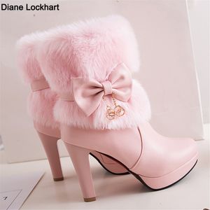 Сапоги Winter Womens Fashion Boots High Help Boots Розовый белый черный меховый кисточка Bowtie милая Lolita Ladies Party Wedding Swed Shoes Size32-43 230801