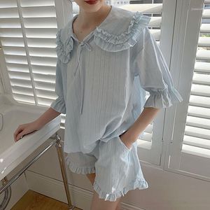 Women's Sleepwear Summer Pajama Set Lolita Princess Sets Vintage Ladies Girl's Turn Down Collar Pyjamas Loungewear