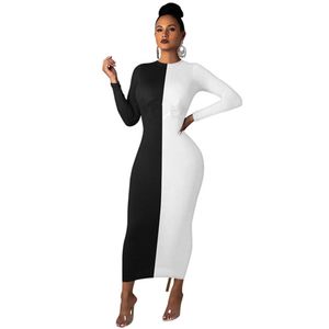 Дизайнер Maxi платье женщины с длинным рукавом платье Bodycon Сексуальное черное белое лоскутное принт с длинным платьем вечеринка ночная клуба масла оптовая одежда 9079