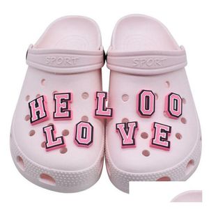 Peças de sapatos acessórios faça você mesmo personalizado inglês letra tamanco encantos pvc rosa decoração de borracha macia fivela para pulseira pulseira série c aleatoriamente