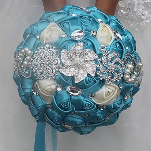 Beyaz Mavi Düğün Gelin Buketleri Simülasyon Çiçek Düğün Malzemeleri Yapay Çiçek Kristal Tatlı 15 Quinceanera Buketleri W228309K