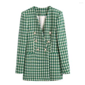 Abiti da donna Donna Moda Doppiopetto Blazer in tweed Cappotto Vintage Tasche a filetto a maniche lunghe Capispalla femminile Chic Veste Femme