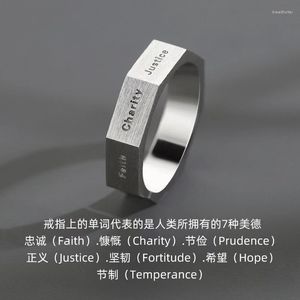 Cluster Rings S925 Sterling Silver Seven Virtue Letter Ring For Men's Trendy Hip Hop Retro Personality Niche Single